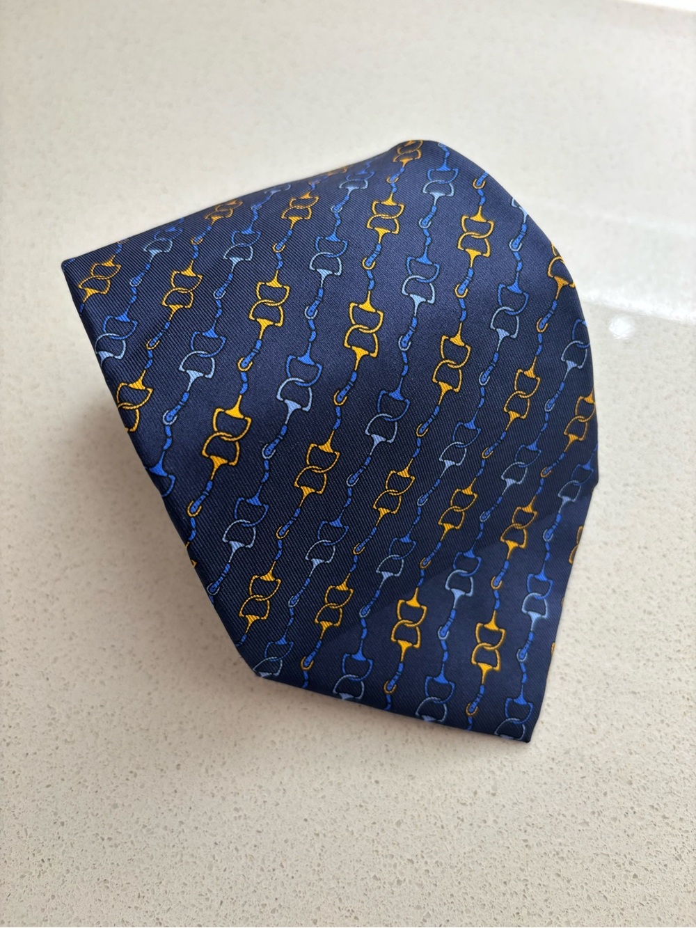 Fendi Navy Blue Silk Tie with Gold and Light Blue Bit Pattern